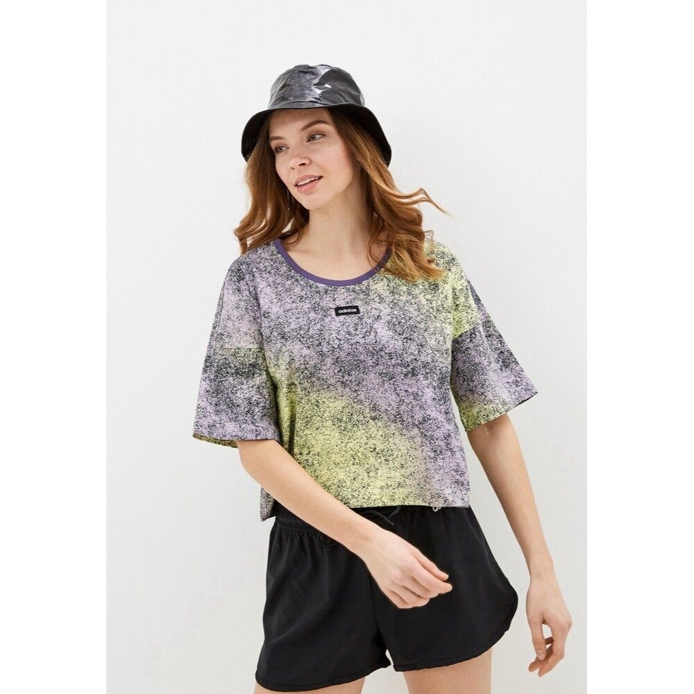 Adidas Moment Cropped Tee Medium Purple Yellow Wash Cotton Top